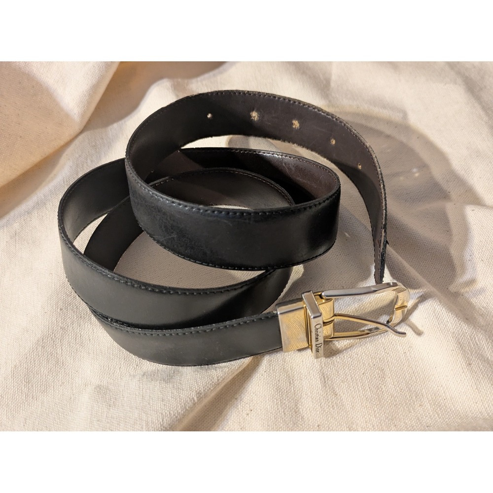 Christian Dior Reversible Leather‎ Belt Black Brown Gold Buckle Italy 36 40